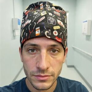 Black Medical Scrub Cap with Healthcare Print